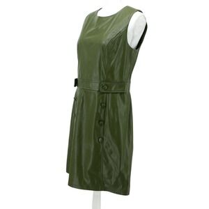 DKNY‎ Faux Leather Shift Dress Olive Green Mini Belted Size 8 Chic Modern